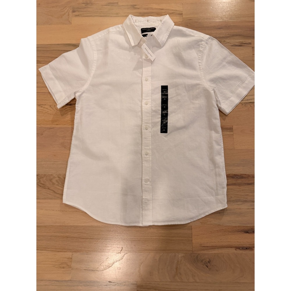 NWT Banana Republic Factory Mens Slim Fit White Linen Blend Short Sleeve Shirt M